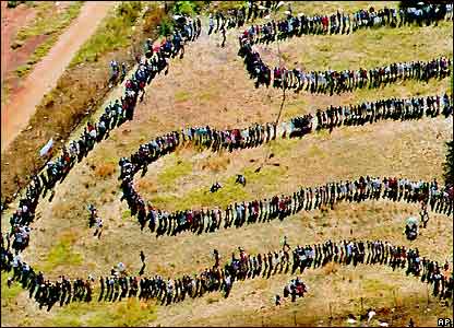 27 April  1994. Queues strenched for miles as voters waited hours to cast their first ever votes.