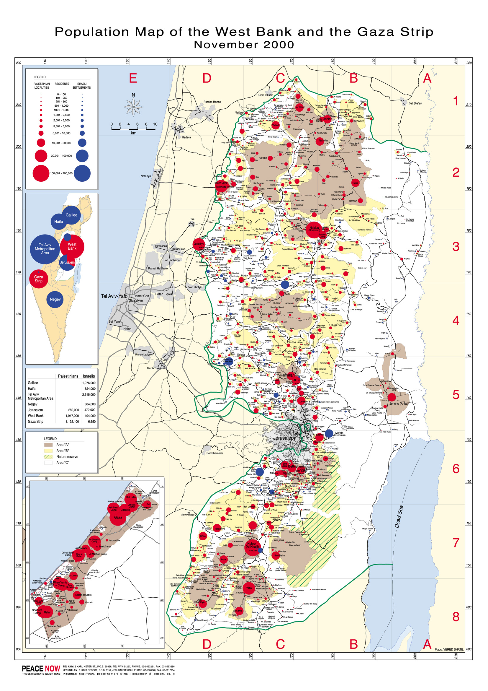 Map of Palastinian populations & Israleli settlements. Click to see larger image.